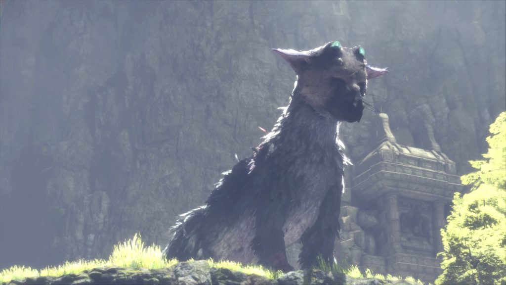 Screenshot aus dem PS4-Spiel The Last Guardian. Zu sehen ist das riesenhafte Fabelwesen Trico vor einer Felswand sitzend.